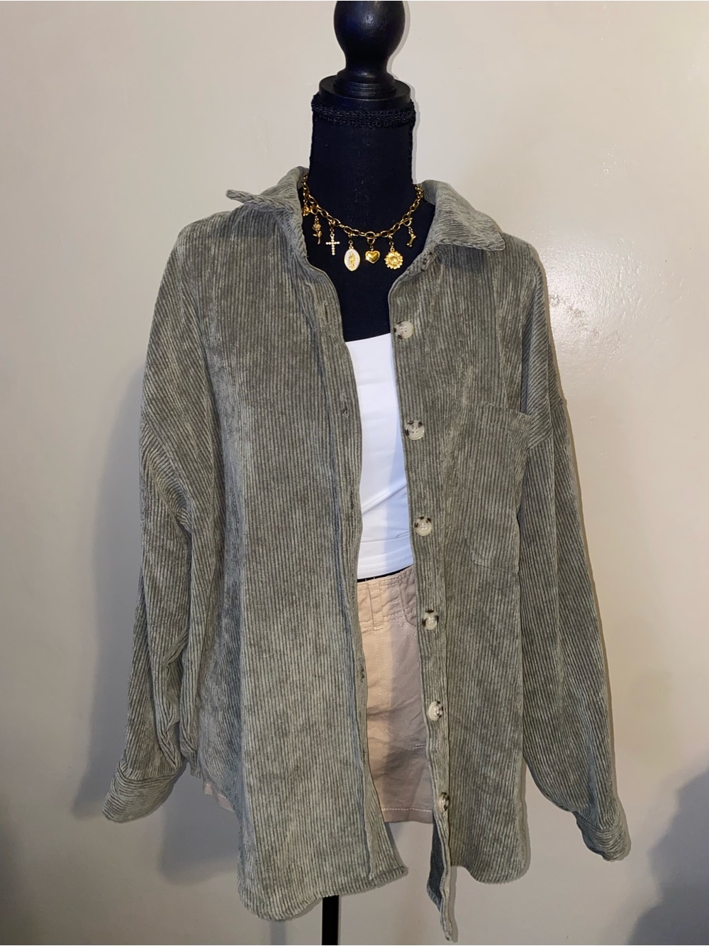Oversized Corduroy Button-Up Shirt Jacket - Olive Gray